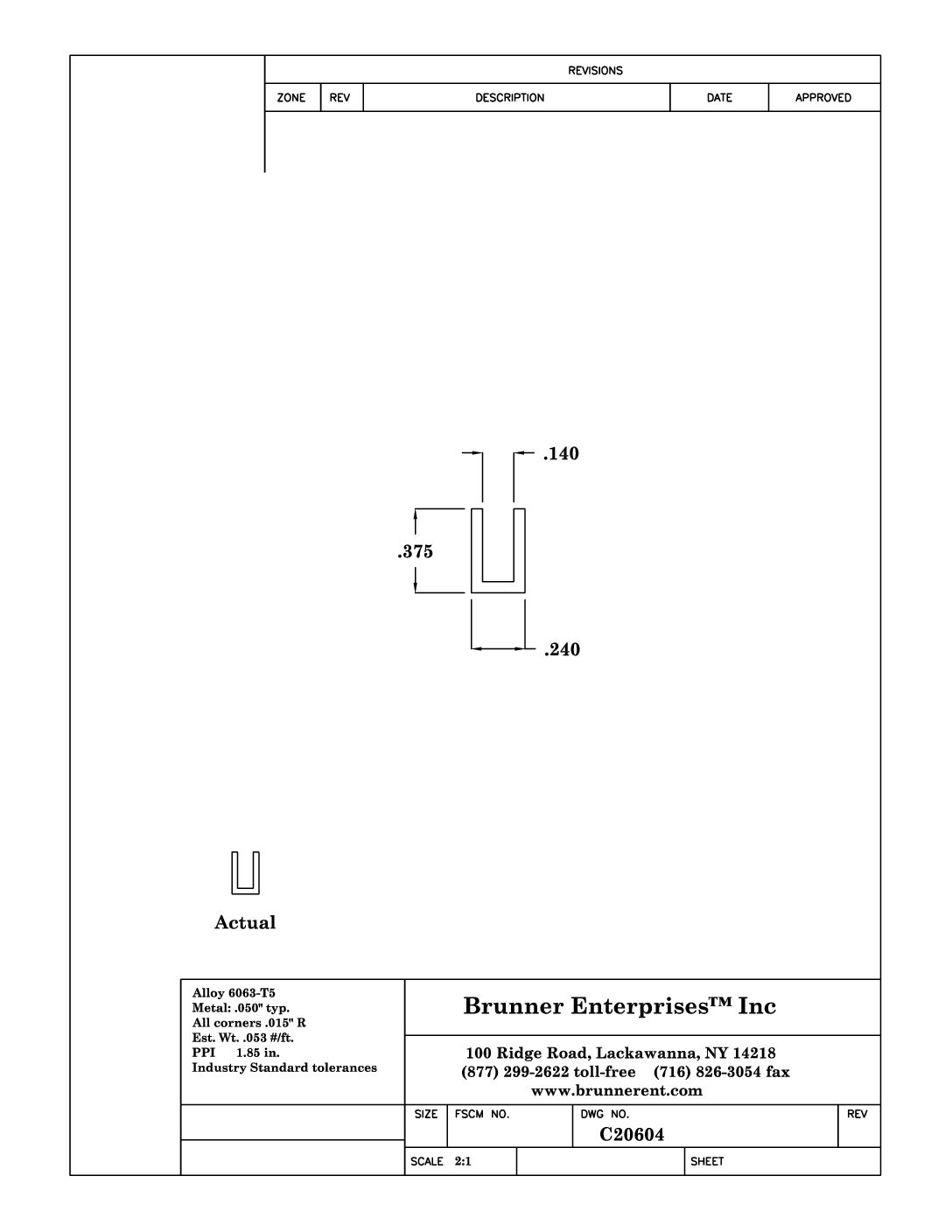 C20604; for 1/8 in. 3/8 x .240 x .050